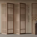 Chinese Style Wooden Screen Partition With Hanging Lantern Calligraphy Vase And Branches