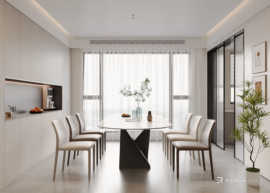 Modern Restaurant Open Kitchen Interior With Dining Table Chairs And Natural Light 3d model