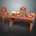 Rustic Wooden Dining Table With Two Chairs Cheese Fruits Cake And Dishes On Top