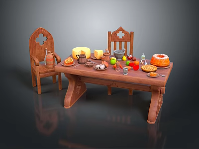 Rustic Wooden Dining Table With Two Chairs Cheese Fruits Cake And Dishes On Top 3d model