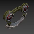 Ornate Green Metal Decorative Accessory With Spiked Frames Red Dragon Badges And Curved Silver Base