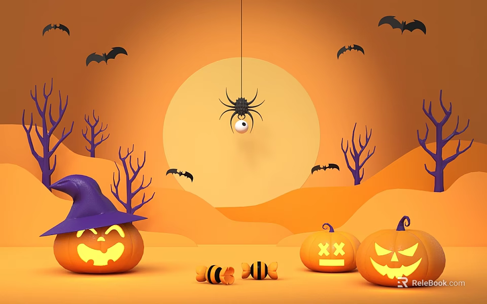 Halloween Decor With Jack O Lanterns Witch Hat Spider Bats And Bare Trees 3d model 