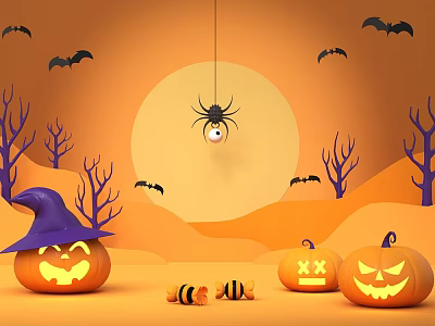 Halloween Decor With Jack O Lanterns Witch Hat Spider Bats And Bare Trees 3d model