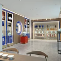 Chinese Style Tobacco Wine Shop Interior With Display Cabinets Calligraphy And Vases