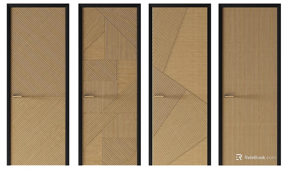 Modern Hinged Doors With Geometric Patterns Black Frames And Linear Textured Panels 3d model 