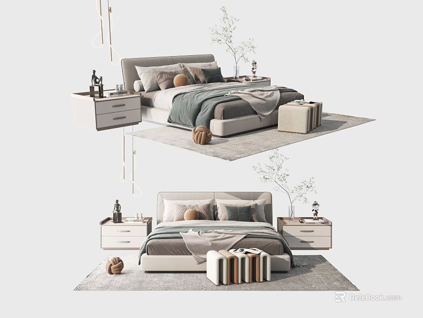Modern Double Bed Design With Bedside Tables And Decorative Pillows On Rug 3d model