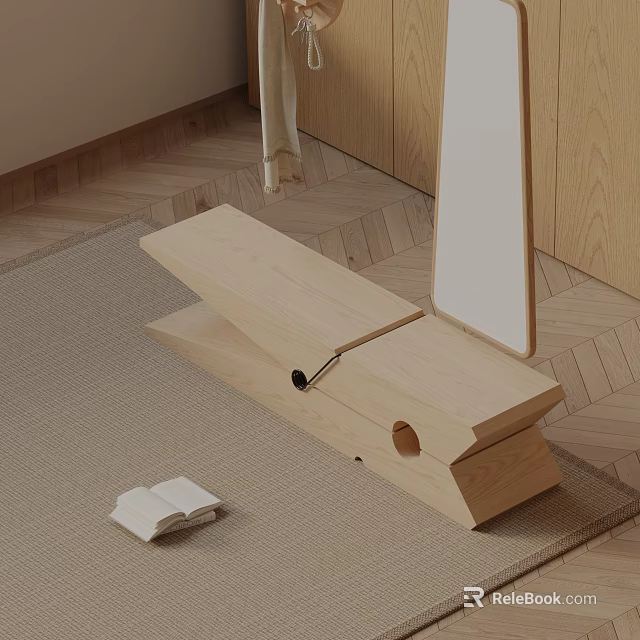 Simple Modern Wooden Bench With Natural Wood Design On Carpeted Floor And Open Book 3d model 