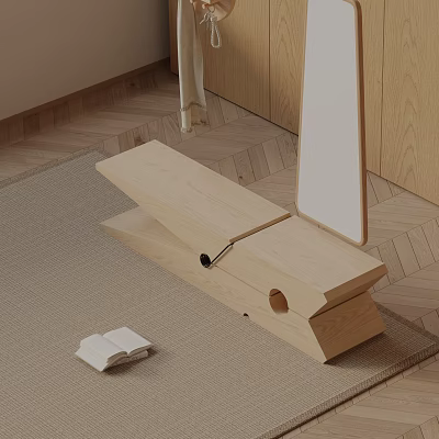 Simple Modern Wooden Bench With Natural Wood Design On Carpeted Floor And Open Book 3d model