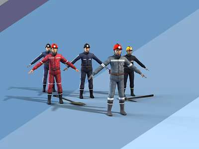 Group of Men Standing Together in Different Colored Uniforms Wearing Safety Helmets Holding Shovels 3d model