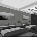 Modern Hotel Room Interior With Twin Beds Decorative Artwork And Recessed Lighting