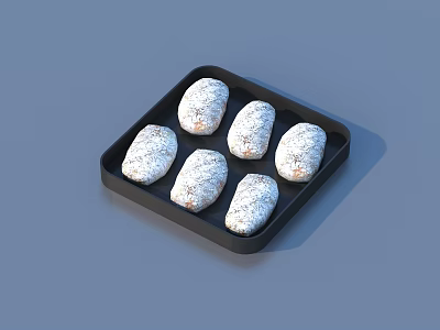 Black Rectangular Tray With Six White Powdered Pastries For Daily Use 3d model