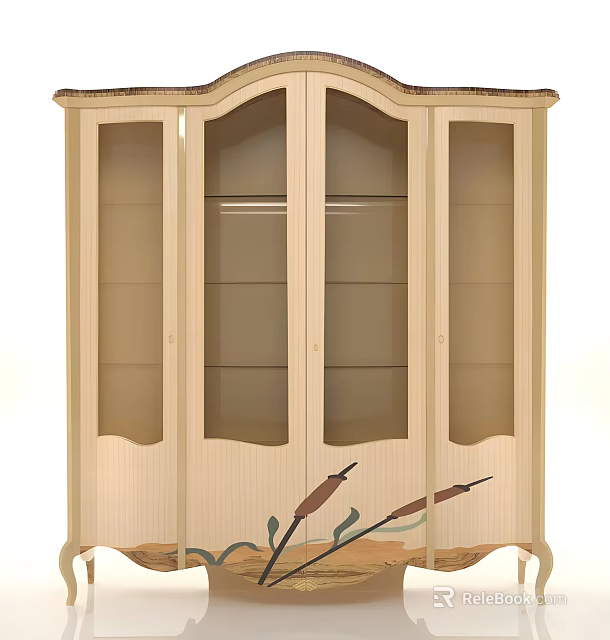 Classic Wooden Wardrobe With Glass Doors Multiple Shelves And Decorative Details 3d model 