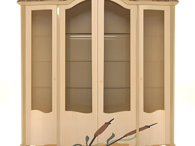 Classic Wooden Wardrobe With Glass Doors Multiple Shelves And Decorative Details 3d model