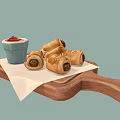 Delicious Sausage Rolls Served on Wooden Tray with White Paper and Ketchup