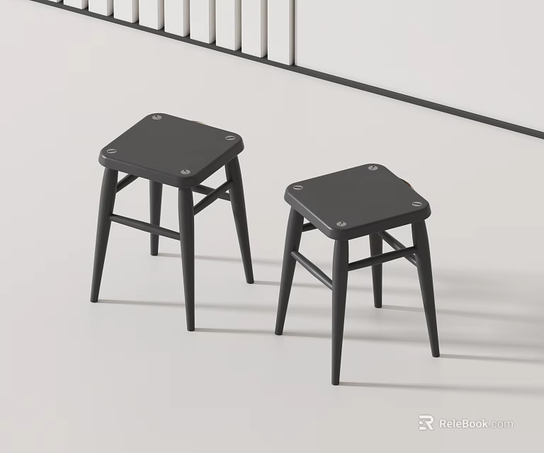 Two Black Minimalist Stools With Square Seats And Slim Wooden Legs 3d model 