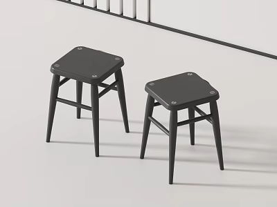 Two Black Minimalist Stools With Square Seats And Slim Wooden Legs 3d model