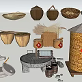 Traditional Chinese Farmhouse Handicrafts Including Bamboo Baskets Stone Mill And Fu Character