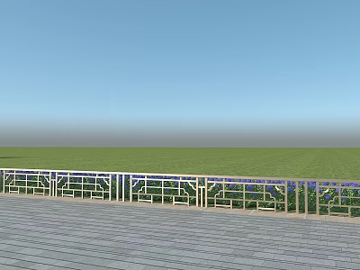 Architectural Exterior Wall With Wooden Flooring Decorative Railings And Purple Flower Beds 3d model