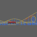 Roller Coaster Amusement Ride with Yellow Tracks Blue Supports and Red Roofed Station Building