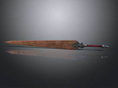 Medieval Wooden Sword with Red Hilt and Metal Accents Detailed Design 3d model