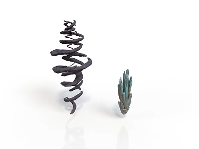 Modern Abstract Sculptural Pieces Featuring Black Spiral And Blue Crystal Forms 3d model