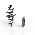 Modern Abstract Sculptural Pieces Featuring Black Spiral And Blue Crystal Forms
