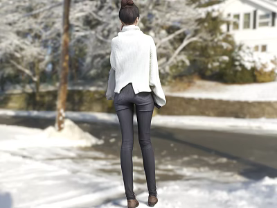 Woman in White Sweater Dark Pants Back View Standing in Snow with House and Trees 3d model