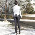 Woman in White Sweater Dark Pants Back View Standing in Snow with House and Trees