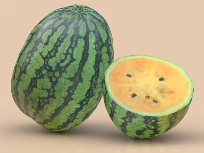 Fresh Ripe Watermelon With Whole Fruit And Halved Yellow Flesh Black Seeds 3d model Fresh Ripe Watermelon With Whole Fruit And Halved Yellow Flesh Black Seeds 3d model