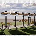 Outdoor Fitness Area With Solar Powered Bus Stop Benches Waterfront Greenery Pathway