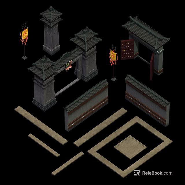 Traditional Chinese Building Exterior Wall With Tiled Roof Stone Archway And Decorative Flags 3d model 