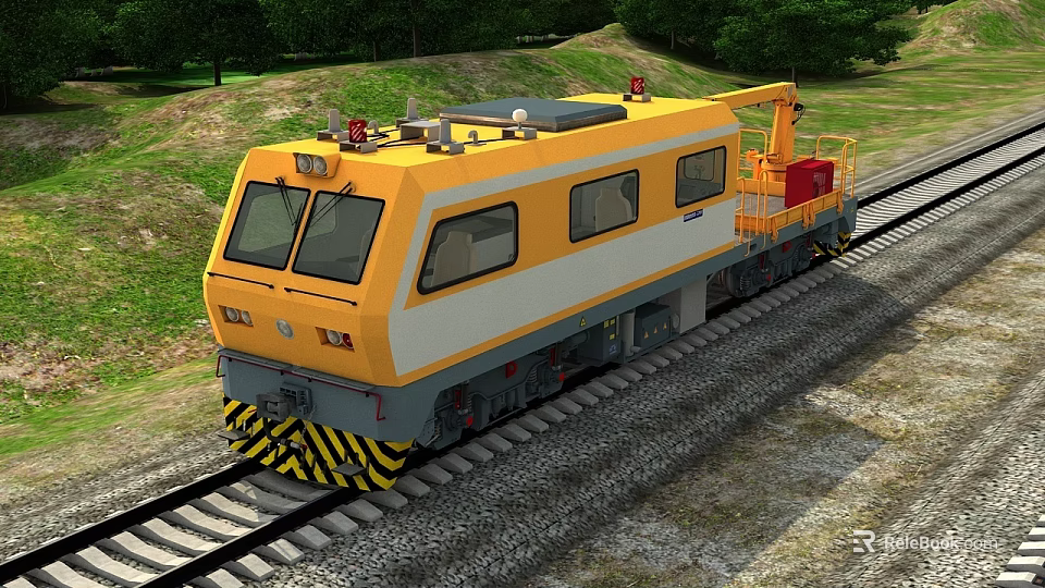 Yellow And White Railway Utility Vehicle With Crane On Railway Tracks In Green Surroundings 3d model 