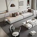 Modern Sofa Coffee Table Set With Beige Upholstery Marble Top Multiple Pillows And Floor Lamp