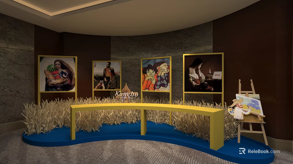 Ravenna Photo Check-in Spot with Four Yellow Framed Artworks Yellow Bench and Hay Decorations 3d model 