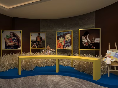 Ravenna Photo Check-in Spot with Four Yellow Framed Artworks Yellow Bench and Hay Decorations 3d model