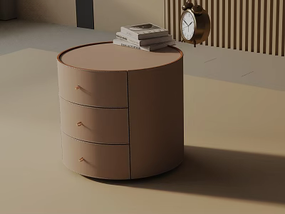Modern Round Bedside Table With Light Brown Leather Wrapped Drawers And Stack Books Alarm Clock 3d model