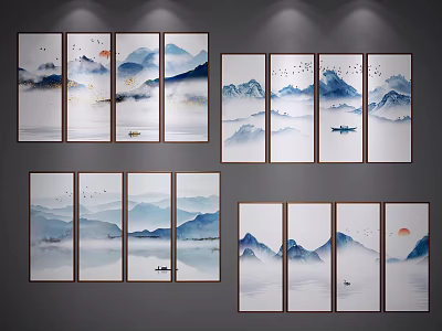 Chinese Ink Landscape Paintings Featuring Mountains Water Boats Flying Birds and Sun 3d model