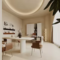 Modern Office Interior With Arched Window Circular Ceiling Light Desk Office Chair And Green Plant
