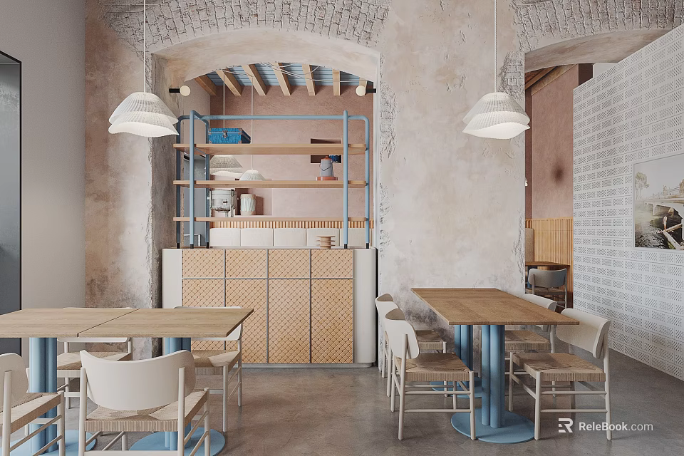Cozy Restaurant Interior With Arched Ceiling Brick Walls Pendant Lights And Wooden Dining Tables 3d model 