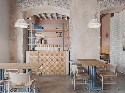 Cozy Restaurant Interior With Arched Ceiling Brick Walls Pendant Lights And Wooden Dining Tables 3d model