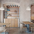Cozy Restaurant Interior With Arched Ceiling Brick Walls Pendant Lights And Wooden Dining Tables