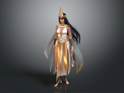 Game Movie Character With Golden Headdress Long Black Hair White Gold Outfit And Cloak 3d model