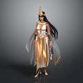 Game Movie Character With Golden Headdress Long Black Hair White Gold Outfit And Cloak