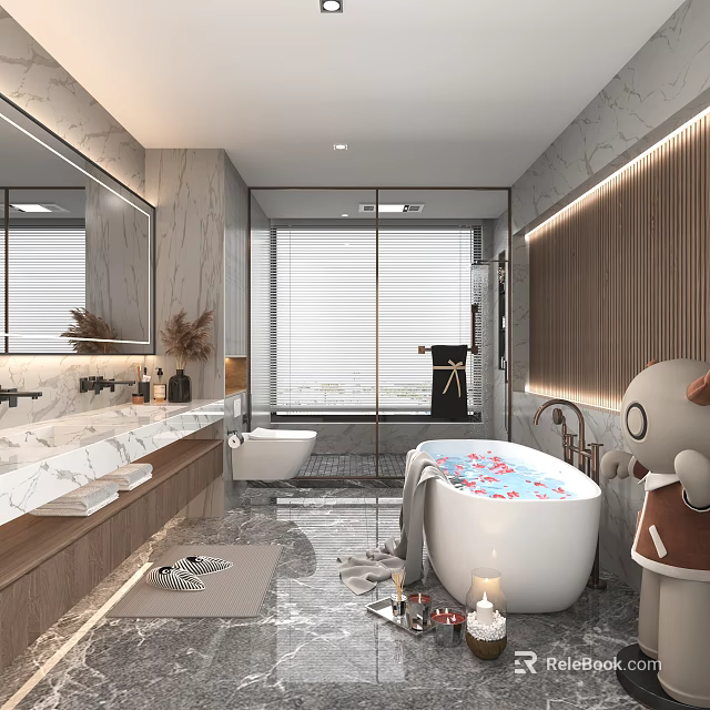 Modern Bathroom Interior With Marble Counter Large Mirror Glass Shower Bathtub And Wooden Accents 3d model 