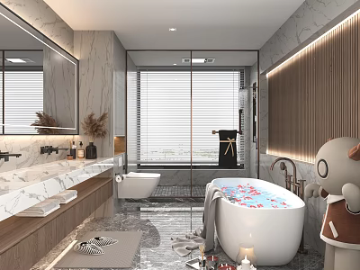 Modern Bathroom Interior With Marble Counter Large Mirror Glass Shower Bathtub And Wooden Accents 3d model