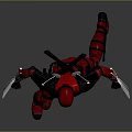 Man In Red Costume With Mask Holding Dual Blades And Katana Swords On Back