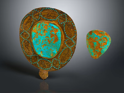 Ornate Turquoise Plaque With Gold Filigree And Irregular Orange Patched Gem 3d model