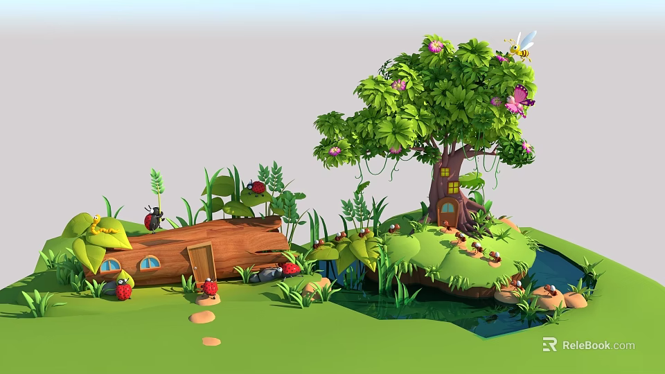 Cartoon Scene With Big Tree Log House Frog Mushrooms Butterfly And Pond 3d model 