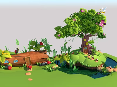 Cartoon Scene With Big Tree Log House Frog Mushrooms Butterfly And Pond 3d model