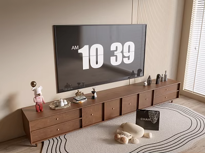 Modern Wooden TV Stand With Drawers Flat Screen TV Decorative Items And Area Rug 3d model